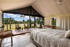Ingwe Pan Camp bedroom view, Zimbabwe